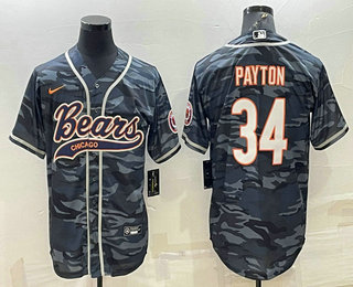 Men's Chicago Bears Blank #34 Walter Payton Grey Camo With Patch Cool Base Stitched Baseball Jersey