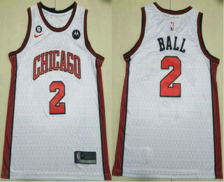 Men's Chicago Bulls #2 Lonzo Ball 2022 White City Edition With 6 Patch Stitched Jersey With Sponsor