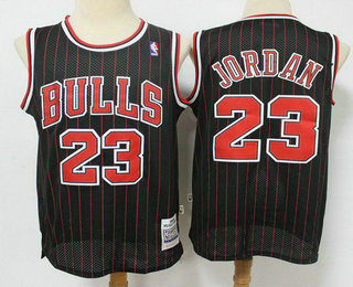 Men's Chicago Bulls #23 Michael Jordan 1995-96 Black Pinstripe Hardwood Classics Soul Swingman Throwback Jersey