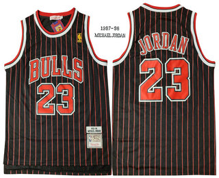 Men's Chicago Bulls #23 Michael Jordan 1997-98 Black Pinstripe Gold NBA Hardwood Classics Soul Swingman Throwback Jersey