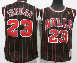 Men's Chicago Bulls #23 Michael Jordan 1997-98 Black Pinstripe Gold NBA Hardwood Classics Soul Swingman Throwback Jersey