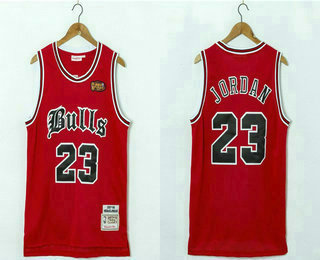 Men's Chicago Bulls #23 Michael Jordan 1997-98 Red English Version Champions Patch Hardwood Classics Soul Swingman Throwback Jersey