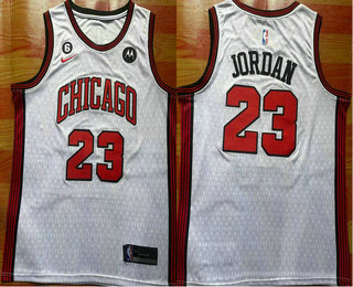 Men's Chicago Bulls #23 Michael Jordan 2022 White City Edition With 6 Patch Stitched Jersey With Sponsor