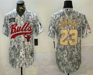 Men's Chicago Bulls #23 Michael Jordan Arctic Camo Gold 2024 Salute to Service Stitched Baseball Jersey