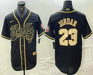 Men's Chicago Bulls #23 Michael Jordan Black Gold Cool Base Stitched Baseball Jersey