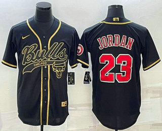 Men's Chicago Bulls #23 Michael Jordan Black Gold With Patch Cool Base Stitched Baseball Jersey