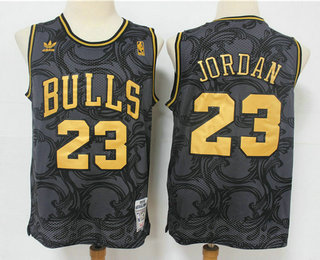 Men's Chicago Bulls #23 Michael Jordan Black Golden Hardwood Classics Soul Swingman Throwback Jersey