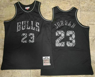 Men's Chicago Bulls #23 Michael Jordan Black Leather Snakeskin Hardwood AU Throwback Jersey