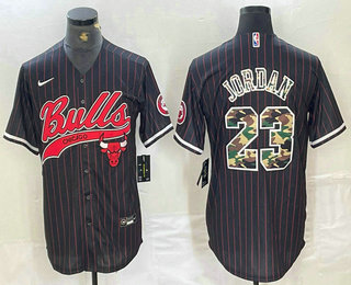 Men's Chicago Bulls #23 Michael Jordan Black Pinstripe Camo Cool Base Stitched Baseball Jersey