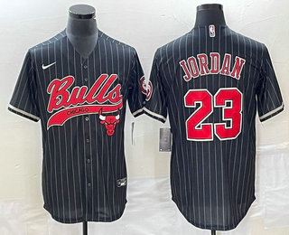 Men's Chicago Bulls #23 Michael Jordan Black Pinstripe Cool Base Stitched Baseball Jersey 01