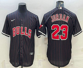 Men's Chicago Bulls #23 Michael Jordan Black Pinstripe With Patch Cool Base Stitched Baseball Jersey