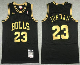 Men's Chicago Bulls #23 Michael Jordan Black With Gold Finals Patch 1997-98 Hardwood Classics Soul Swingman Throwback Jersey