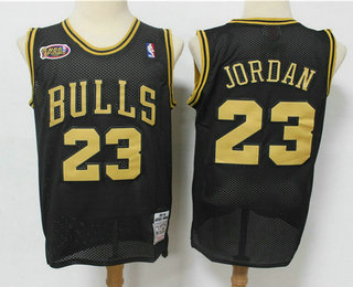 Men's Chicago Bulls #23 Michael Jordan Black With Gold Finals Patch 1997-98 Hardwood Classics Soul Swingman Throwback Jersey