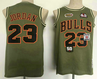 Men's Chicago Bulls #23 Michael Jordan Green Military Flight patchs Throwback Jersey