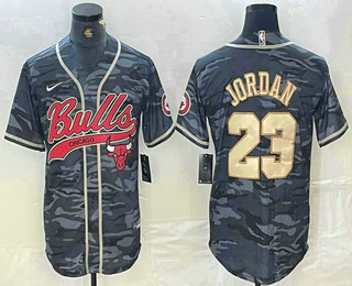 Men's Chicago Bulls #23 Michael Jordan Grey Camo Cool Base Stitched Baseball Jersey