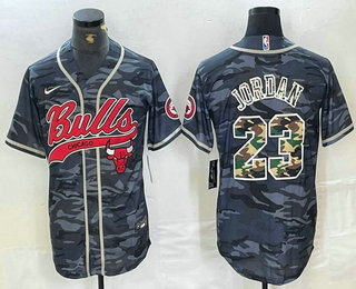 Men's Chicago Bulls #23 Michael Jordan Grey Camo Cool Base Stitched Baseball Jersey