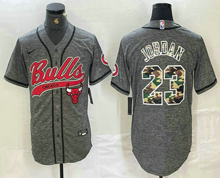 Men's Chicago Bulls #23 Michael Jordan Grey Gridiron Camo Cool Base Stitched Baseball Jersey