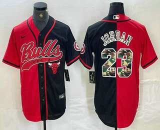 Men's Chicago Bulls #23 Michael Jordan Red Black Split Stitched Baseball Jersey