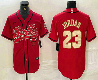Men's Chicago Bulls #23 Michael Jordan Red Gold Cool Base Stitched Baseball Jersey