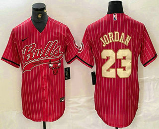 Men's Chicago Bulls #23 Michael Jordan Red Gold Pinstripe Cool Base Stitched Baseball Jersey