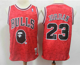 Men's Chicago Bulls #23 Michael Jordan Red Mitchell & Ness x BAPE Yellow Swingman Jersey