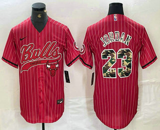 Men's Chicago Bulls #23 Michael Jordan Red Pinstripe Camo Cool Base Stitched Baseball Jersey