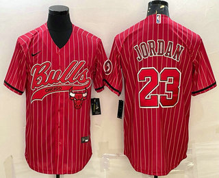 Men's Chicago Bulls #23 Michael Jordan Red Pinstripe With Patch Cool Base Stitched Baseball Jersey