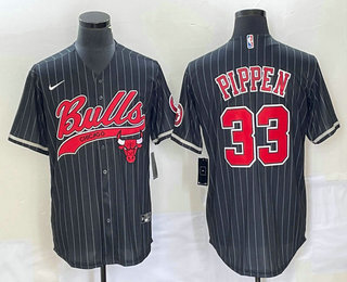 Men's Chicago Bulls #33 Scottie Pippen Black Pinstripe Cool Base Stitched Baseball Jersey