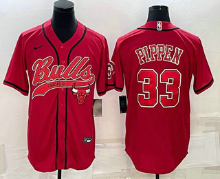 Men's Chicago Bulls #33 Scottie Pippen Red With Patch Cool Base Stitched Baseball Jersey (2)