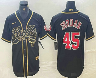Men's Chicago Bulls #45 Michael Jordan Black Gold Cool Base Stitched Baseball Jersey