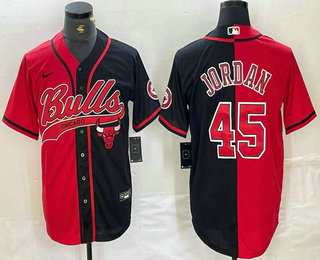 Men's Chicago Bulls #45 Michael Jordan Red Black Split Stitched Baseball Jersey