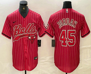 Men's Chicago Bulls #45 Michael Jordan Red Pinstripe Cool Base Stitched Baseball Jersey