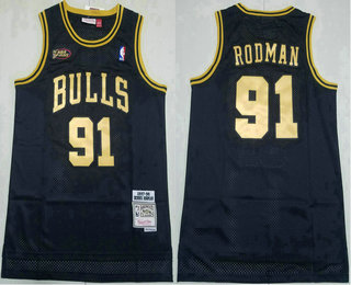 Men's Chicago Bulls #91 Dennis Rodman 1997-98 Black Gold Final Patch Hardwood Classics Soul Throwback Jersey