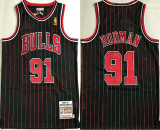 Men's Chicago Bulls #91 Dennis Rodman 1997-98 Black Pinstirpe Hardwood Classics Soul AU Throwback Jersey