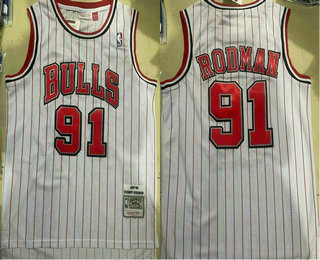 Men's Chicago Bulls #91 Dennis Rodman 1997-98 White Pinstripe Hardwood Classics Soul Swingman Throwback Jersey