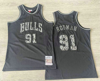 Men's Chicago Bulls #91 Dennis Rodman Black Leather Snakeskin Hardwood AU Throwback Jersey