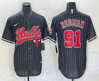 Men's Chicago Bulls #91 Dennis Rodman Black Pinstripe Cool Base Stitched Baseball Jersey