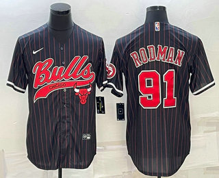 Men's Chicago Bulls #91 Dennis Rodman Black Pinstripe With Patch Cool Base Stitched Baseball Jersey 01