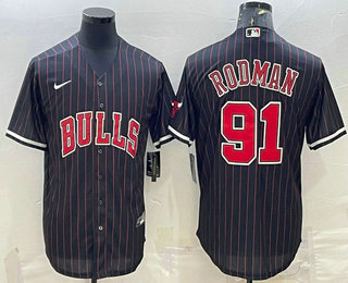 Men's Chicago Bulls #91 Dennis Rodman Black With Patch Cool Base Stitched Baseball Jersey