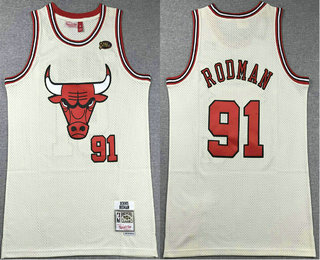 Men's Chicago Bulls #91 Dennis Rodman Cream Team Logo Throwback Swingman Jersey