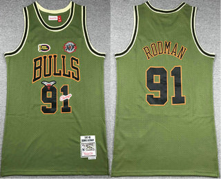 Men's Chicago Bulls #91 Dennis Rodman Green Military Flight patchs Throwback Jersey