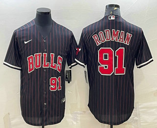 Men's Chicago Bulls #91 Dennis Rodman Number Black With Patch Cool Base Stitched Baseball Jersey