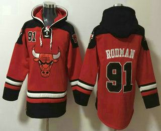 Men's Chicago Bulls #91 Dennis Rodman Red Ageless Must Have Lace Up Pullover Hoodie