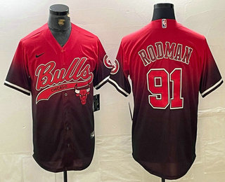 Men's Chicago Bulls #91 Dennis Rodman Red Black Stitched Baseball Jersey