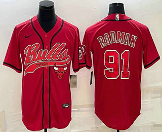 Men's Chicago Bulls #91 Dennis Rodman Red With Patch Cool Base Stitched Baseball Jersey (2)