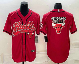 Men's Chicago Bulls Red Team Big Logo With Patch Cool Base Stitched Baseball Jersey