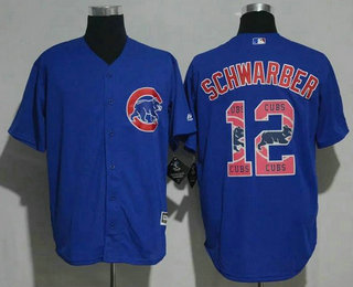 Men's Chicago Cubs #12 Kyle Schwarber Royal Blue Team Logo Ornamented Stitched MLB Majestic Cool Base Jersey