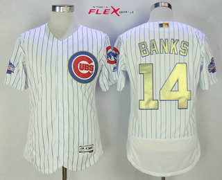 Men's Chicago Cubs #14 Ernie Banks Retired White World Series Champions Gold Stitched MLB Majestic 2017 Flex Base Jersey