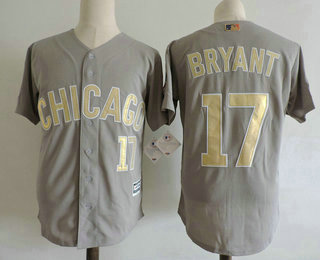 Men's Chicago Cubs #17 Kris Bryant Gray Gold with White Edge World Series Champions Stitched MLB Majestic 2017 Flex Base Jersey