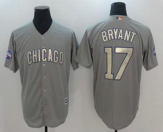 Men's Chicago Cubs #17 Kris Bryant Gray World Series Champions Gold Stitched MLB Majestic 2017 Cool Base Jersey